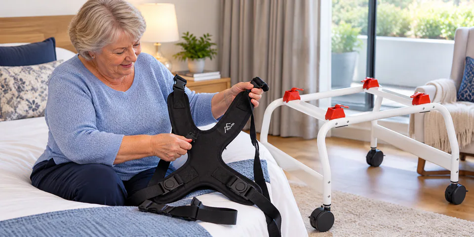 Older woman adjusting a positioning harness on her bed beside a mobile frame.