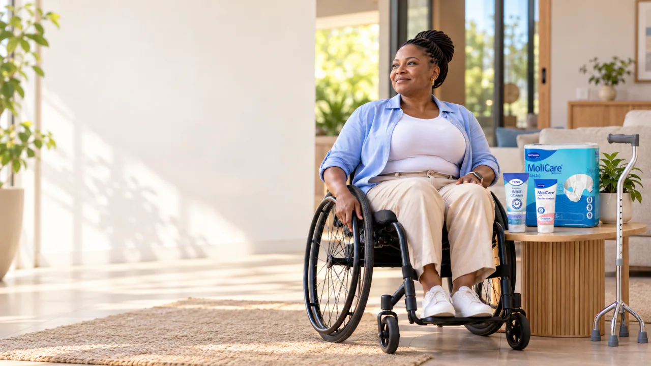 Black woman using a wheelchair at home beside everyday healthcare products.