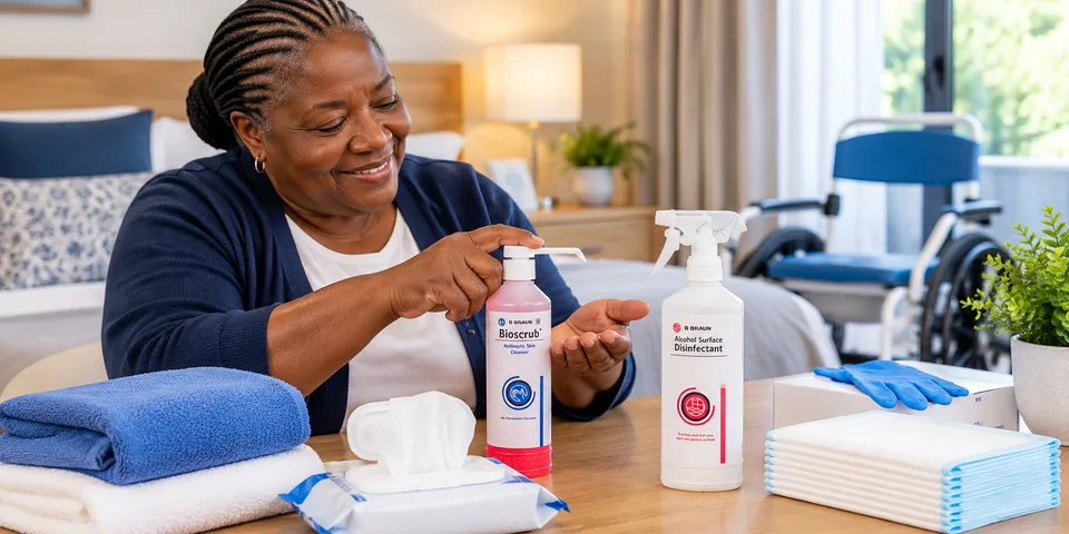 Older woman using antiseptic hand cleanser in her bedroom beside wipes, gloves, disinfectant and underpads.