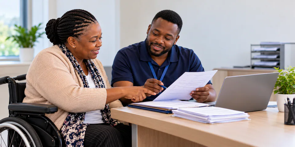 Wheelchair user reviewing healthcare paperwork with an advisor.